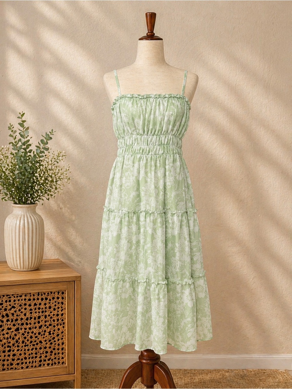Sage Green Floral Midi Dress (M 7–9)Smocked Tiered Sundress Cottagecore Summer